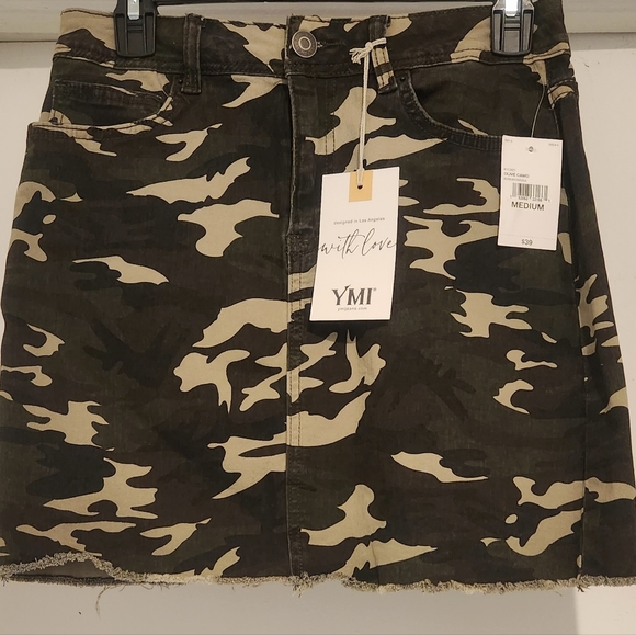 Ymi Jeans Camouflage Denim Skirt Raw Edge Hem Juniors Size M Army Green - Picture 3 of 5